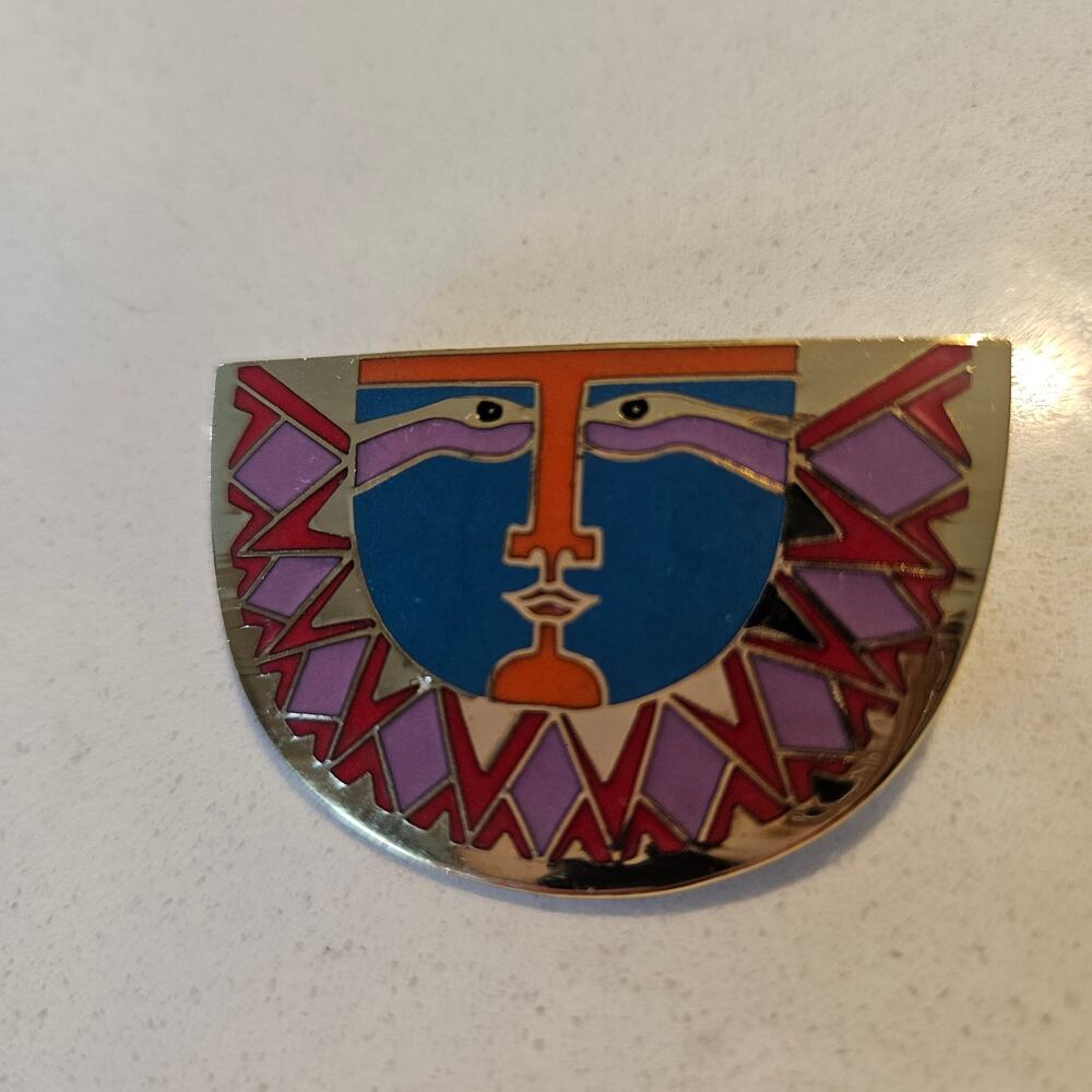 Vintage Laurel Burch Sunrise Enamel Face Brooch Pin Geometric Abstract Gold Tone